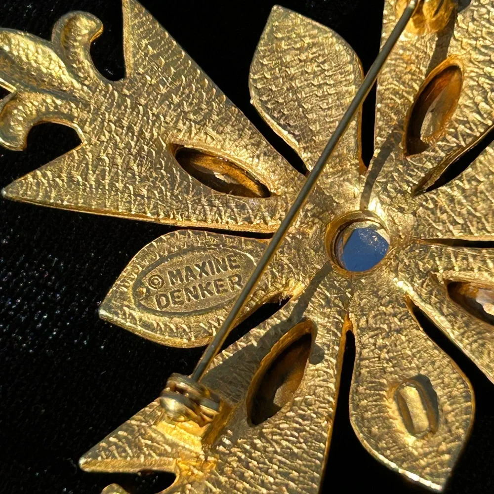 Maltese Cross with Fleur de Lis Brooch Rhinestone Purple Brown Gold Signed